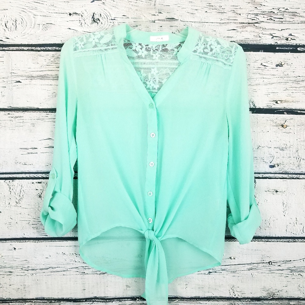 Mine teal front tie lace shoulder sheer blouse